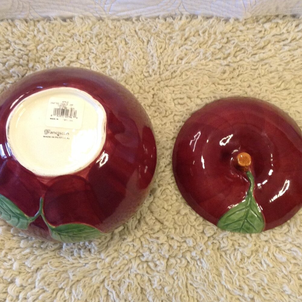 VTG Franciscan Apple Cookie jar leaf accents Made in Portugal Cabincore Kitschy - Picture 4 of 5